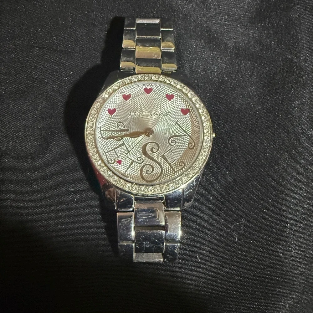 Betsey Johnson Silver Watch with Pink Heart Accents